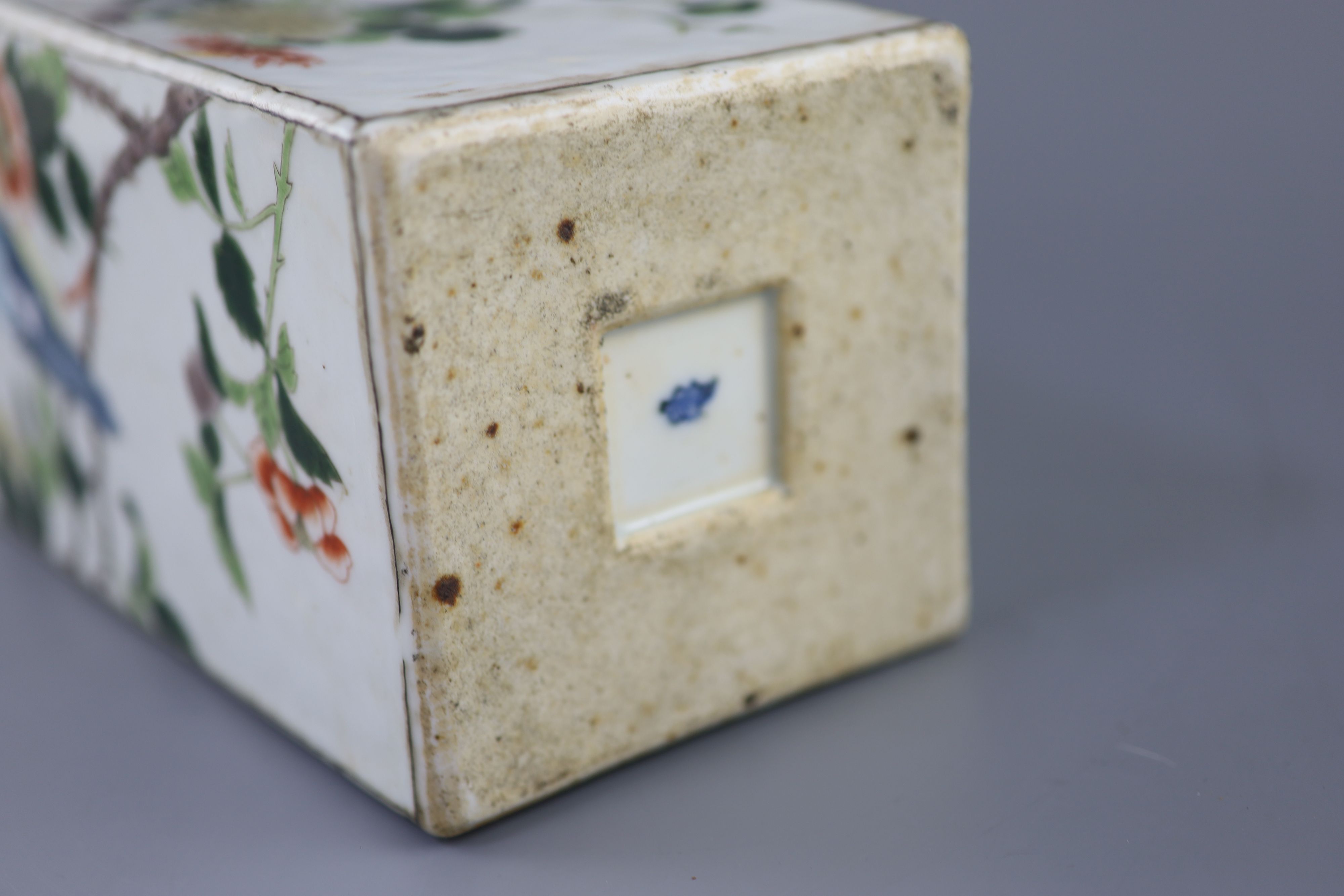 A large Chinese famille verte square tapered vase, 19th century, 49cm high